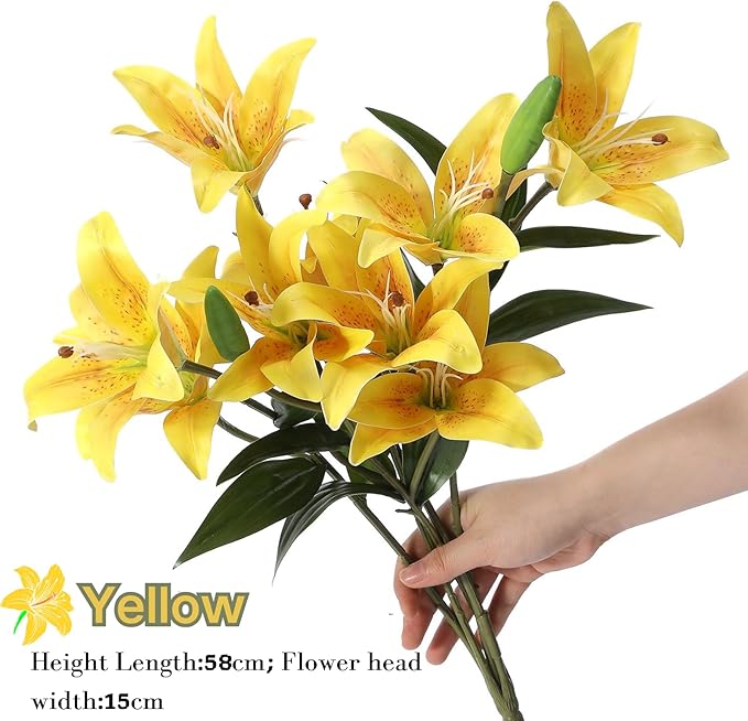 ASTRYAS 18 Heads Artifical Lilies Flowers, Yellow Fake Lily with 9 Heads Full Bloom Lily & 3 Buds-Faux Lilies Bouquets for Home Hotel Flower Arrangement Party Decoration(2, Bright Yellow)