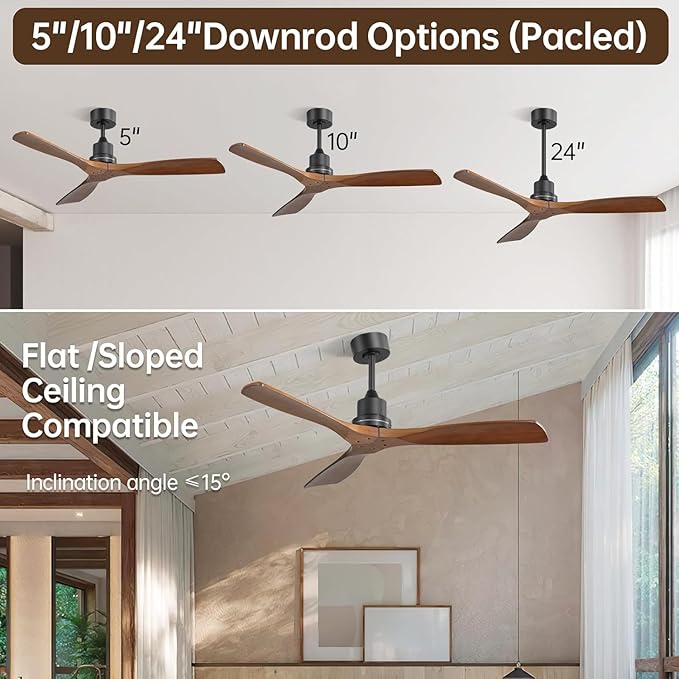 Sofucor 52 inch Ceiling Fan No Light, Solid Wood Indoor/Outdoor Ceiling Fans Without Lights, Remote Control, Reversible DC Motor, 3 Blade Low Profile Ceiling Fans for Patios, Bedroom, Farmhouse