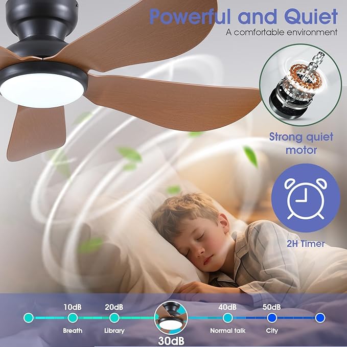 46 Inch Modern Ceiling Fans with Lights, Flush Mount Ceiling Fan with Light and Remote/APP Control, 5 Reversible 6 Speeds Curved Blades, 3 CCT Dimmable Lights for Kids Room, Brown