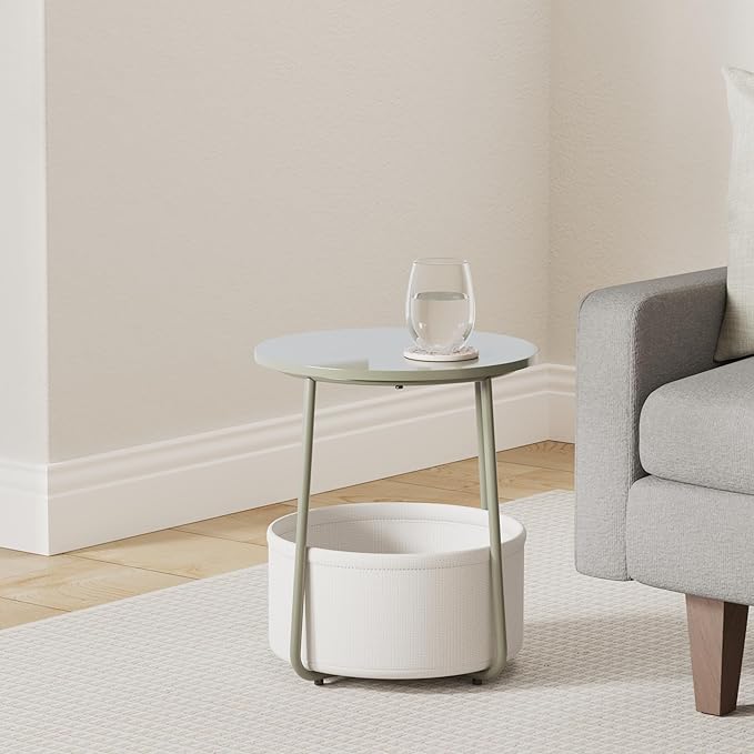 VASAGLE LILEA Collection - Small Round Side End Table, Modern Nightstand with Fabric Basket, Forest Green and Cream White ULET223C80