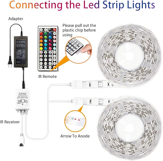 dalattin 65.6ft RGB Led Lights for Bedroom Color Changing Led Strip Lights with 44 Keys Remote,for Home Essential, Bedroom Room Party Decoration,Festival Decor,2 Rolls of 32.8ft