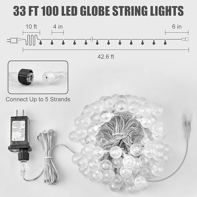 Minetom Crystal Globe String Lights Plug in - 33 ft 100 LED Globe Fairy String Lights with Remote and Timer, Waterproof for Bedroom Tent Loft Bed Window Porch Patio Wedding Party Holiday Decor, White