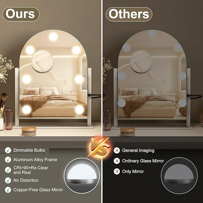 S'bagno Arched Vanity Mirror with Lights, 7 Dimmable LED Bulbs Hollywood Mirror, 3 Color Modes & Memory Function Makeup Mirror with Lights, Detachable 10X Magnification, Touch Control,USB-A(15''x12'')