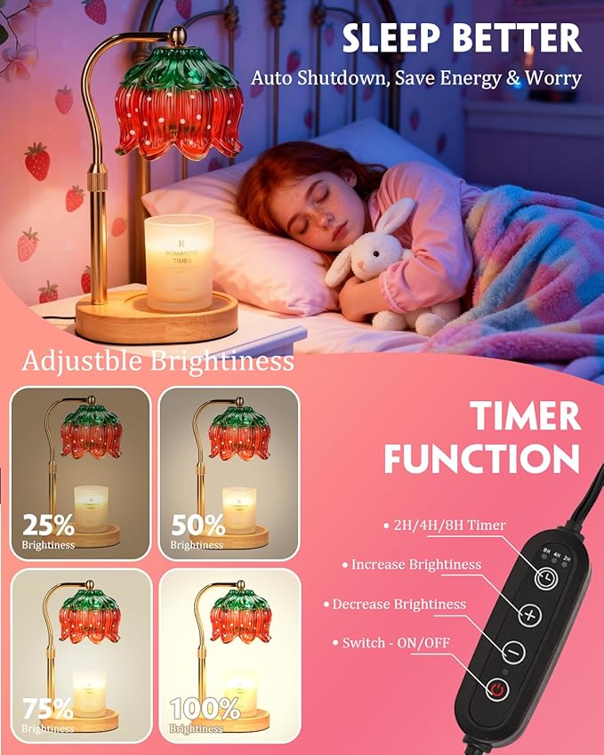 Strawberry Candle Warmer Lamp Height Adjustable, Lotus Strawberry Flower Lamp for Yankee Village Candles, Cute Candle Lamp with Timer & Dimmable, Birthday Christmas Gifts for Women Mom Adult