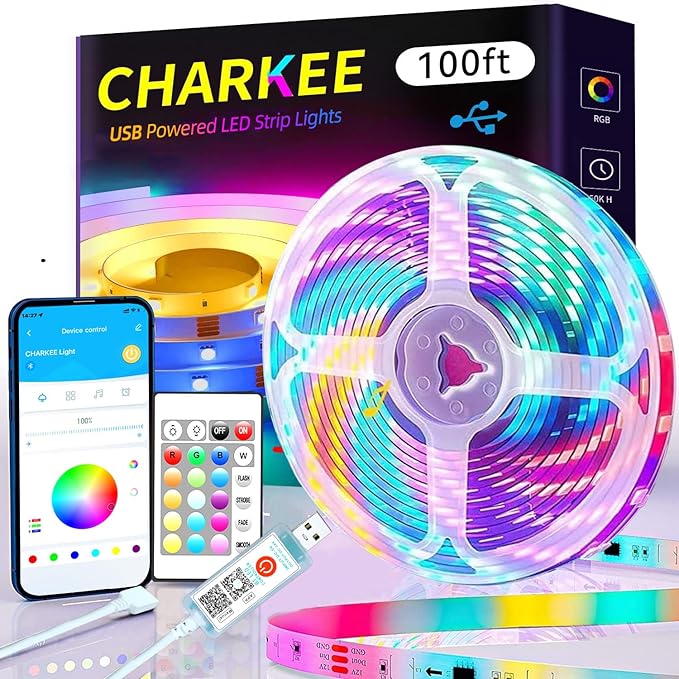 CHARKEE LED Lights 100ft USB-Powered, Music Sync RGB LED Strip Lights for Bedroom/TV Backlight/Gaming Lighting, Color Changing Bluetooth Led Lights IR Remote&App Control
