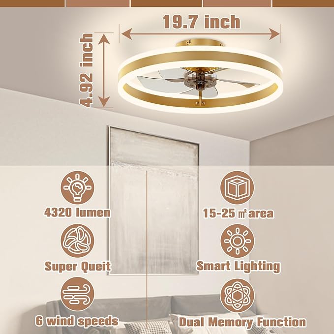 VOLISUN Low Profile Ceiling Fans with Lights and Remote, 19.7in Flush Mount Ceiling Fans with Light, 3000K-6500K Dimmable Fandelier LED Fan Light, Gold Bladeless Ceiling Fans with Lights for Bedroom