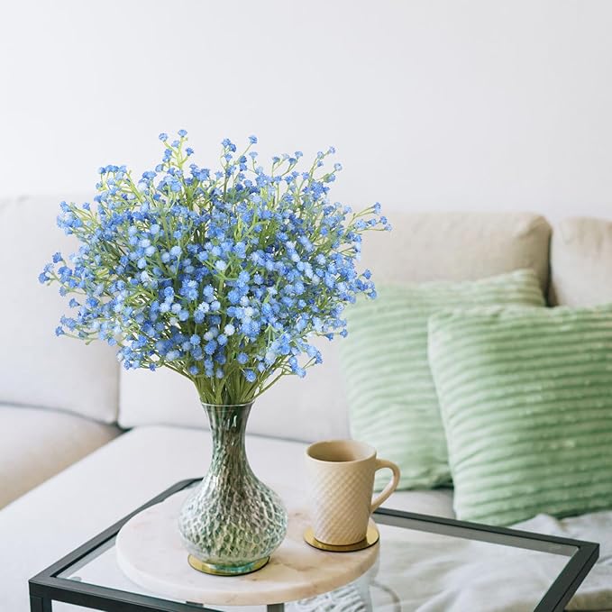 N&T NIETING Babys Breath Artificial Flowers Bulk, 10Pcs Blue Fake Gypsophila Bouquet Flowers Real Touch Faux Babies Breath Arrangement for Wedding Floral Party Home Centerpieces Vase Decoration, Blue