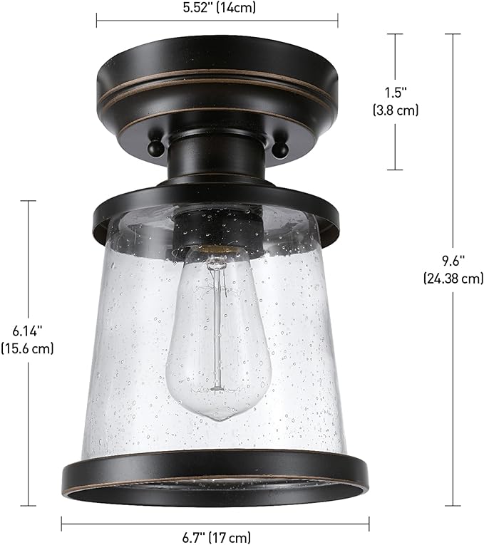 GLOBE Electric 44301 Charlie 1-Light Outdoor/Indoor Semi-Flush Mount Ceiling Light, Oil Rubbed Bronze, Clear Seeded Glass Shade, Bulb Not Included