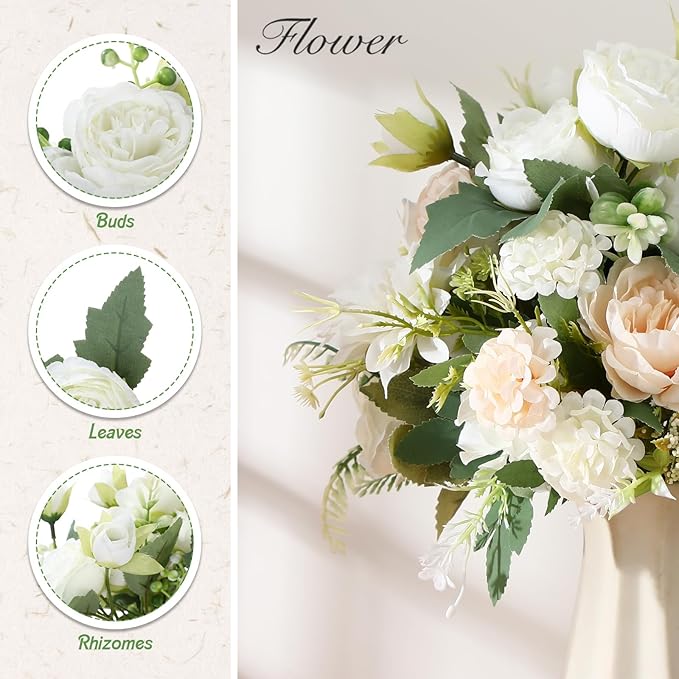 Zeyune 12 Bundles Artificial Peonies Flowers Artificial Silk Rose Faux Dahlia Fake Chamomile Hydrangea Bouquet Bulk for Vase Home Wedding Centerpiece Party Decoration(Cream White,Classic)