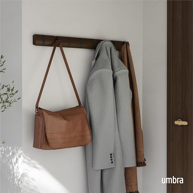 Umbra - Flip Wall-Mounted Coat Rack Rail Hook for Hats, Jackets, Bags and More, Wood, Metal, Black/Walnut