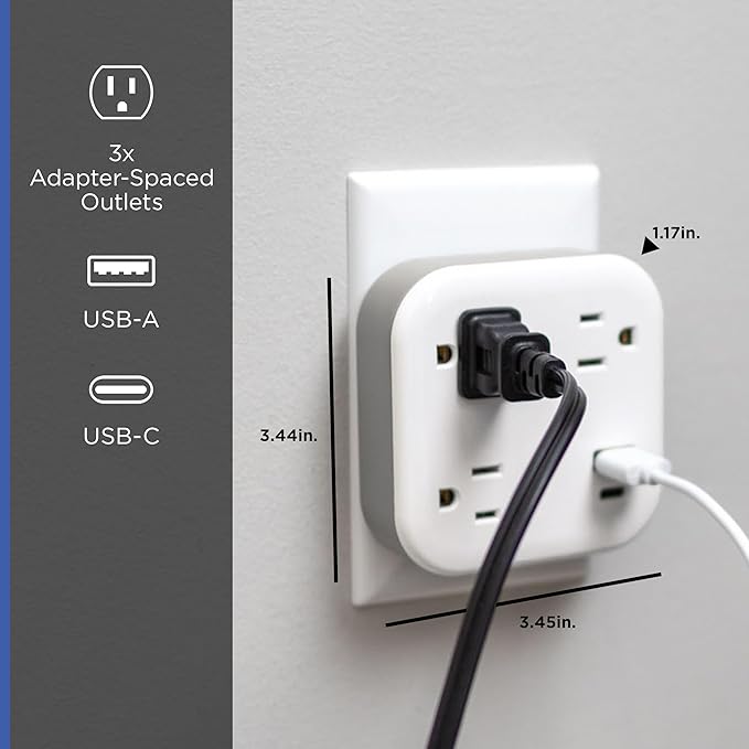 GE UltraPro 3-Outlet Surge Protector Wall Tap, 980J, USB-C & USB-A Ports, Adapter-Spaced Outlets, Circuit Breaker, ETL Certified, Low-Profile Design, White, 85875