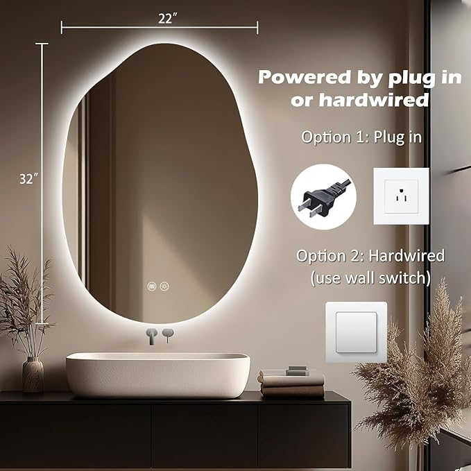 LED Light Bathroom Mirror 22x32, Stepless Dimmable Irregular Backlit Mirror with 3 Colors, Anti-Fog, Memory, Al-Alloy Lampshade, Frameless Makeup Mirror for Bathroom (Horizontal/Vertical)
