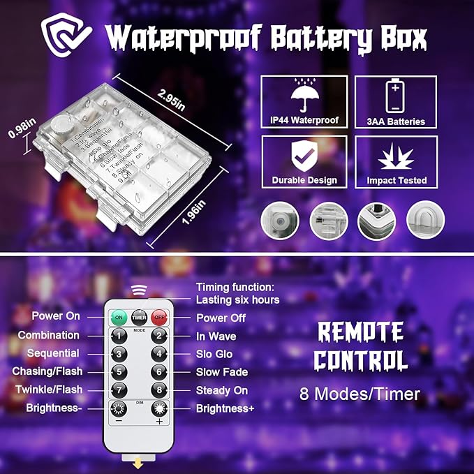 JMEXSUSS 2 Pack Christmas Fairy Lights Battery Operated, Total 200 LED 66ft Purple Christmas Lights with Remote, 8 Modes Twinkle String Lights Light for Halloween Tree Indoor Outdoor Decorations