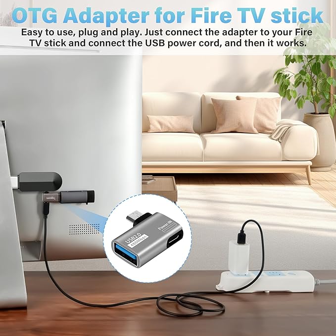 4 Pack OTG Cable Adapter for Fire TV Stick,90 Degree Left & Right Angle Powered Micro USB to USB OTG Adapter for Android Phone Tablet and More Host Devices with Micro USB (with 2 USB A to Micro Cable)