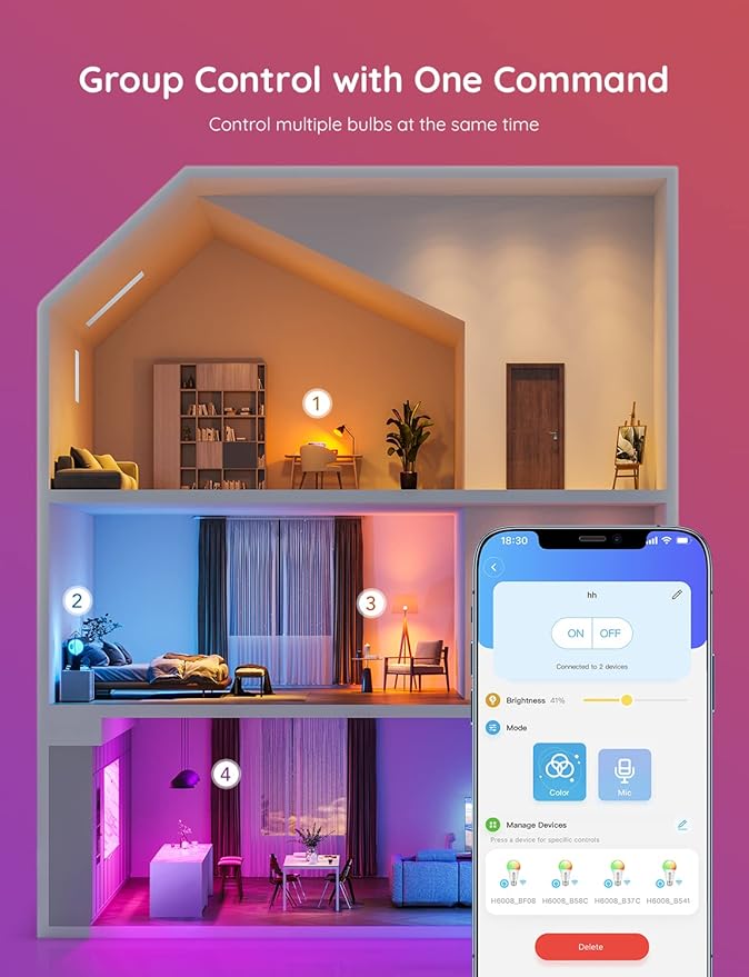 Govee Smart Light Bulbs, WiFi Bluetooth Color Changing Bulbs, Music Sync, 54 Dynamic Scenes, 16 Million DIY Colors RGB Light Bulbs, Work with Alexa, Google Assistant, 800 Lumen, 8 Pack