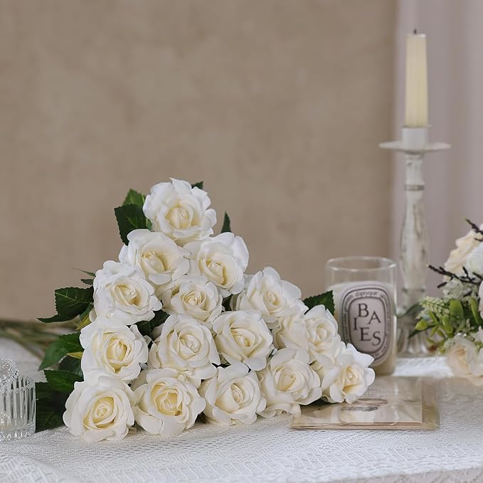 FOTEEWL 60 Pcs Artificial Rose Flower Realistic Faux Silk Roses Stem Fake Roses Bouquet for Flower Arrangement,Wedding Centerpieces,Party,Home Decorations (Beige)