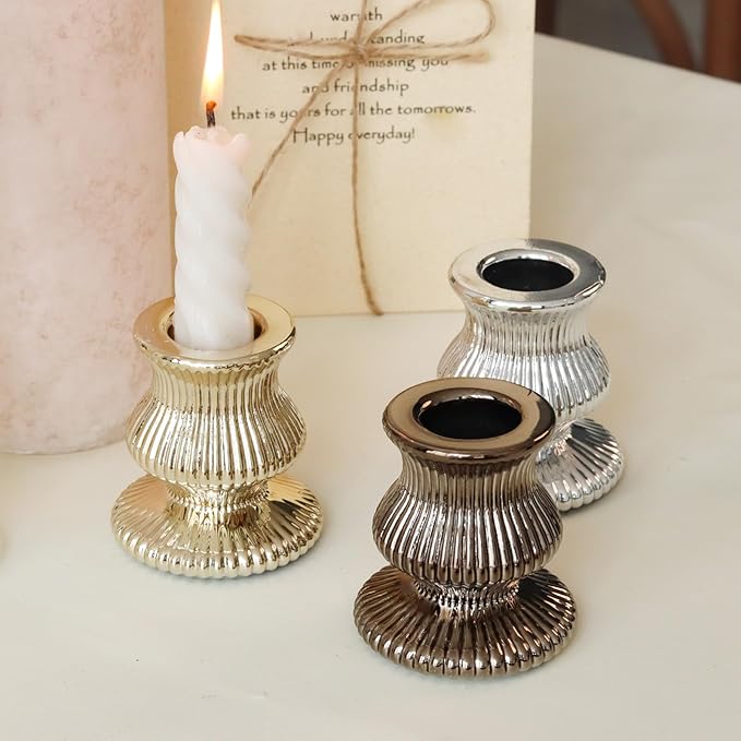 WDHODEC Black Gold Candlestick Holders 12PCS Glass Taper Candle Holders for Table Centerpiece Colorful Candle Sticks for Modern Wedding, Party and Festival Decoration