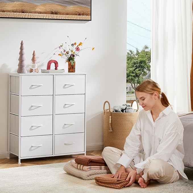 OLIXIS Dresser for Bedroom, Drawer Dresser Organizer Storage Fabric Storage Tower, Chest of Drawers with 8 Easy Pull Fabric Bins, Steel Frame, Wood Top for Living Room, Closet, Entryway, Hallway