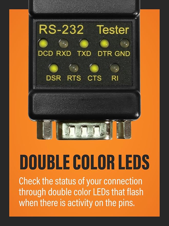 CABLEMAX RS-232 LED Link Signal Tester - DB-9 Male to DB-9 Female Connections for Serial Communication Monitoring