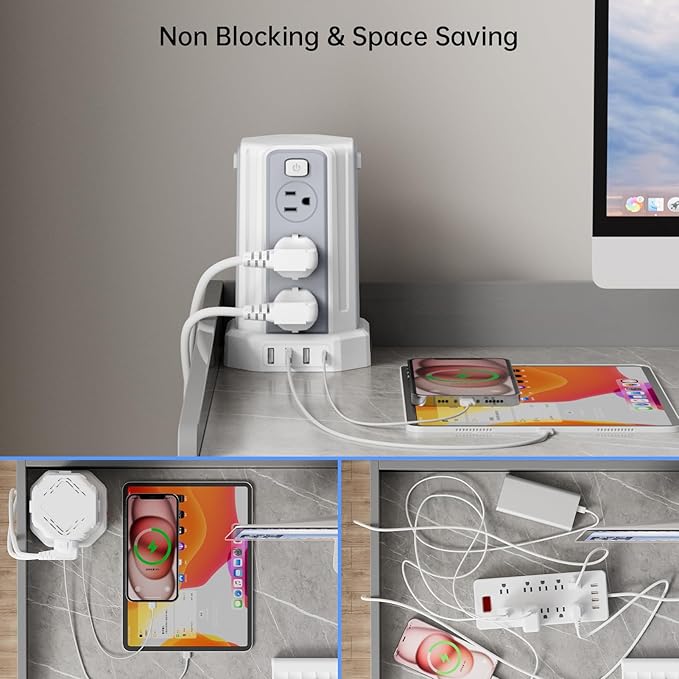 Power Strip Surge Protector, 10 Ft Extension Cord with 12 AC Multiple Outlets 4 USB (1 USB C), SMALLRT Power Tower Desktop Charging Station