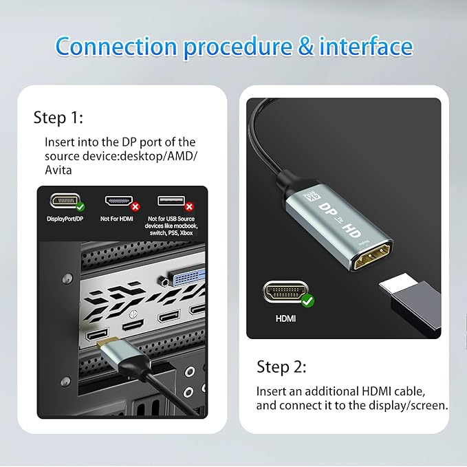 MaxRenard 4K DisplayPort to HDMI Adapter | DP1.2 to HDMI 4K 60Hz Audio-Video Sync | SR Anti-Break, Compatible with Dell HP, for HDTV/Monitor/Projector/PC (DP to HDMI Converter) 2Pcs