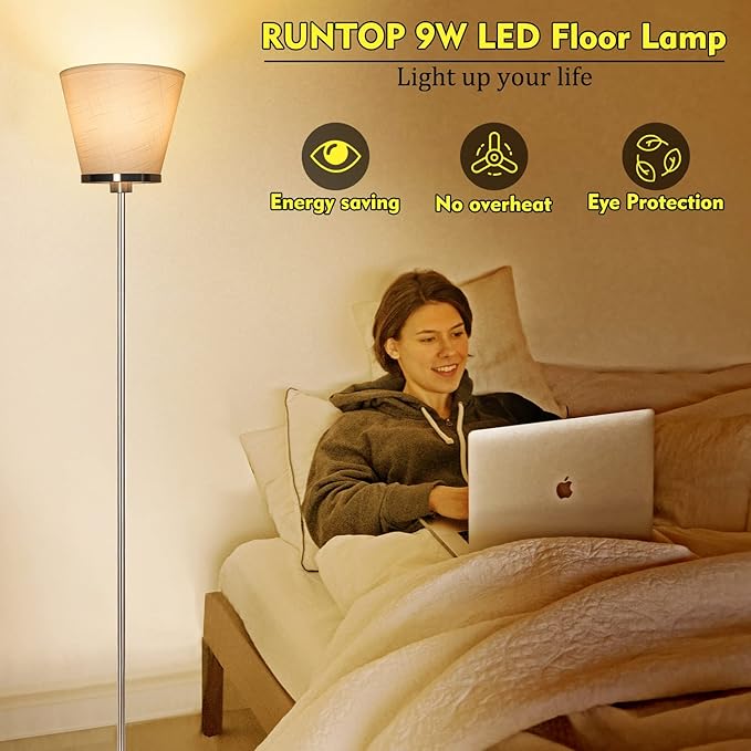 RUNTOP Floor Lamps for Living Room, Floor Lamp for Bedroom, Office, Tall Modern Standing Lamp, LED Floor Lamp with Foot Switch, 3 Color Temperatures 2700k 4000k 5000K, 9W LED Bulb, Linen Lampshade