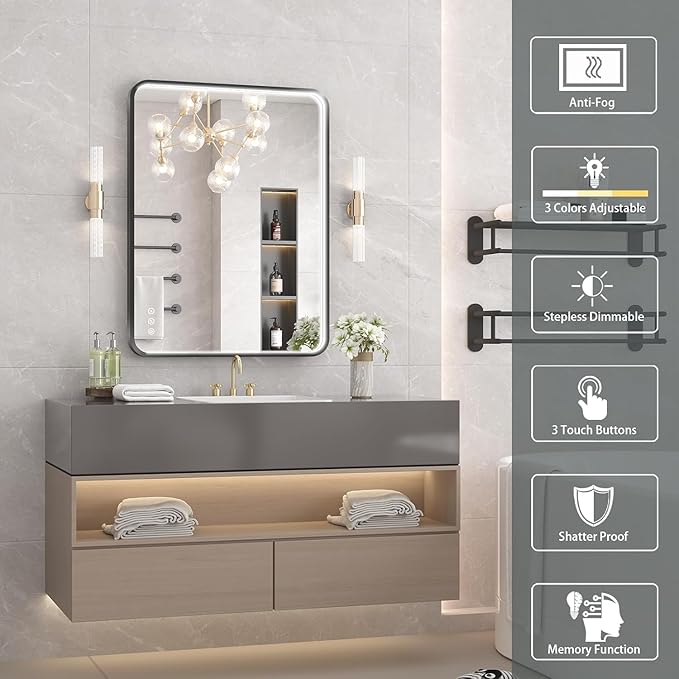 24x32 Inch LED Bathroom Mirror with Lights, Black Metal Framed LED Mirror for Bathroom, 3 Colors and Stepless Dimmable Wall Mounted Lighted Bathroom Vanity Mirror, Anti-Fog, Memory