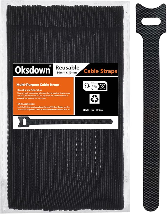 Cable Ties Reusable Black 50 Pack Cord Straps Hook and Loop Wire Wraps Keepers Clips Organizer Management Kit for tv pc Computer Charging Data Cables