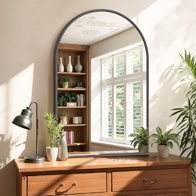 Sweetcrispy Arched Bathroom Mirror 36x25 Inch Black Metal Framed Arch Vanity Mirror for Wall, Over Sink, Farmhouse, Restroom, Anti-Rust, Modern Decorative, Hanging or Leaning