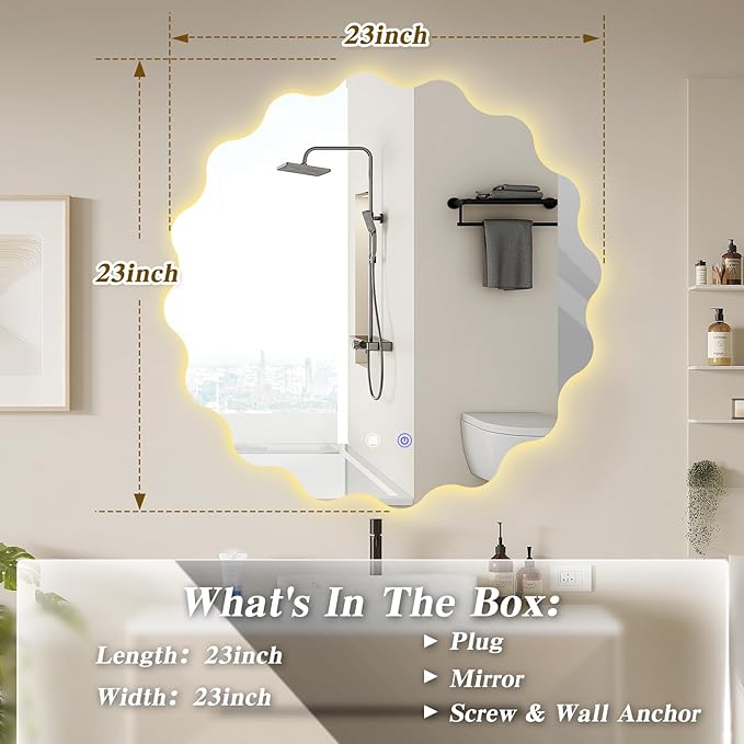 QDSSDECO Irregular LED Bathroom Mirror with Lights,Asymmetrical Led Bathroom Vanity Mirror for Wall with Front and Backlit, Anti Fog, 3 Colors and Dimmable Light, 23" x 23"