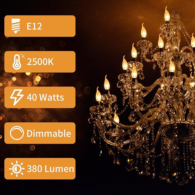 20-Pack E12 Candle Light Bulbs 40W Warm White 2500K, 380 Lumen Dimmable Chandelier Light Bulbs for Ceiling Fan, Pendants or Outdoor, CA10 Clear Candelabra Base Bulbs