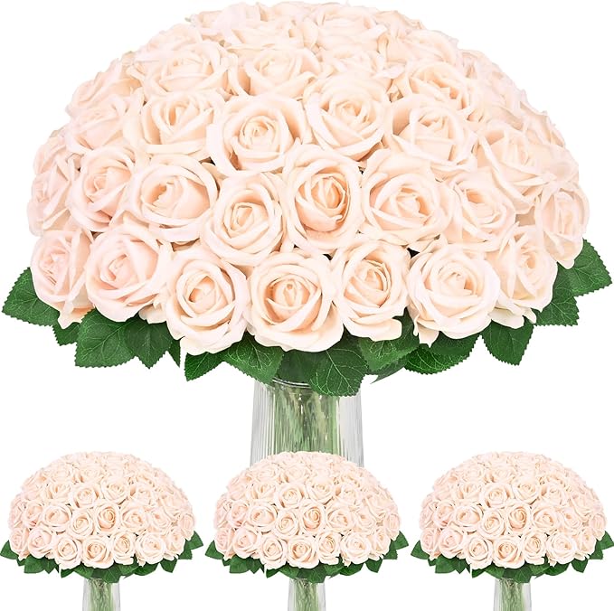 BLEUM CADE 100 Pcs Champagne Roses Artificial Flowers, Real Touch Velvet Roses Fake Flowers Bulk, Artificial Roses Bouquet with Long Stems Bridal DIY Wedding Party Centerpiece Decorations