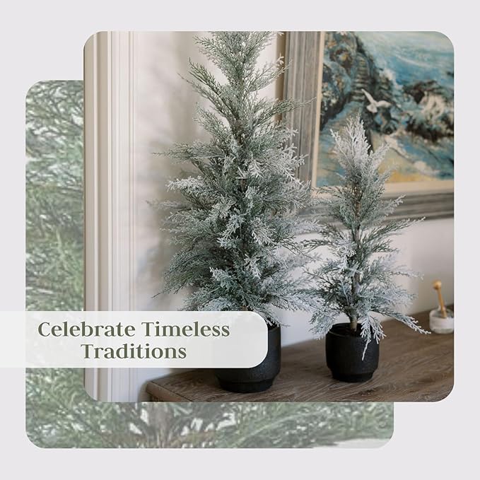 CG Hunter Holiday Collection, Set-of-2 Faux Flocked Cedar Trees, Premium Artificial Indoor & Outdoor Cedar Tree Stands 24" Tall in Pot–Perfect Christmas Decoration