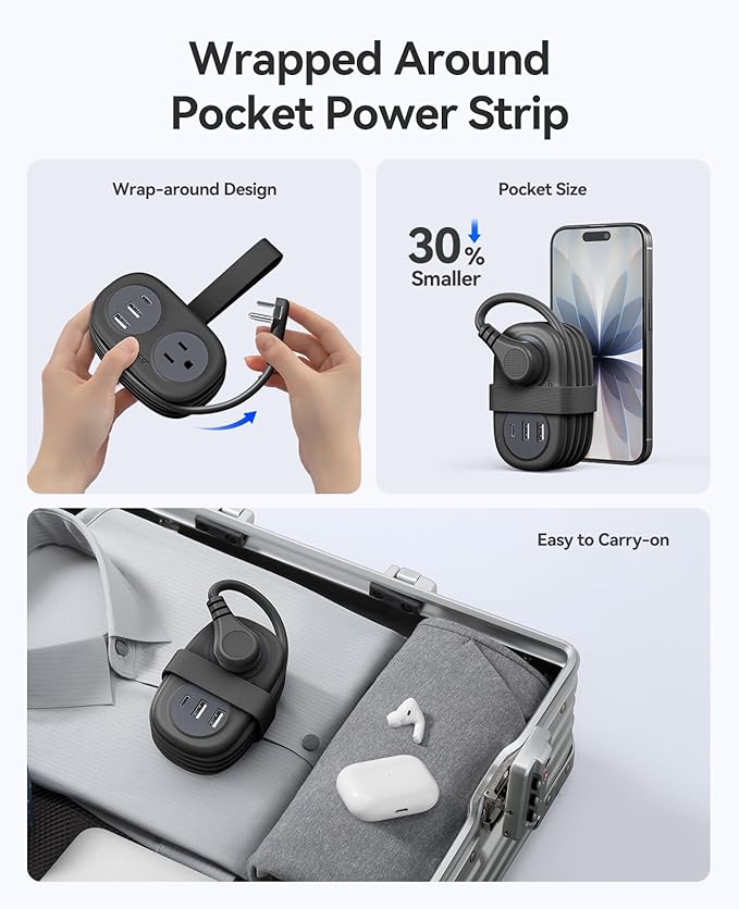 ORICO Pocket Power Strip for Travel, 5 in 1 Extension Cord with 2 AC Outlets 2 USB-A and 1 USB-C Ports, 3.7 ft Flat Plug Wrapped Around Power Strip for Cruise Office, Hotel, Home- AP3 (Black)
