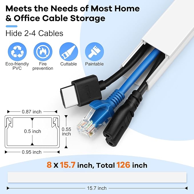 126in(8 x L15.7in) Cord Hider Kit, Wire Covers for TV on Wall, Paintable Cable Management Kit, Cable Cover for Mounted TV, Hide Wires Along Wall, Grey Cord Cover, W0.95in H0.55in