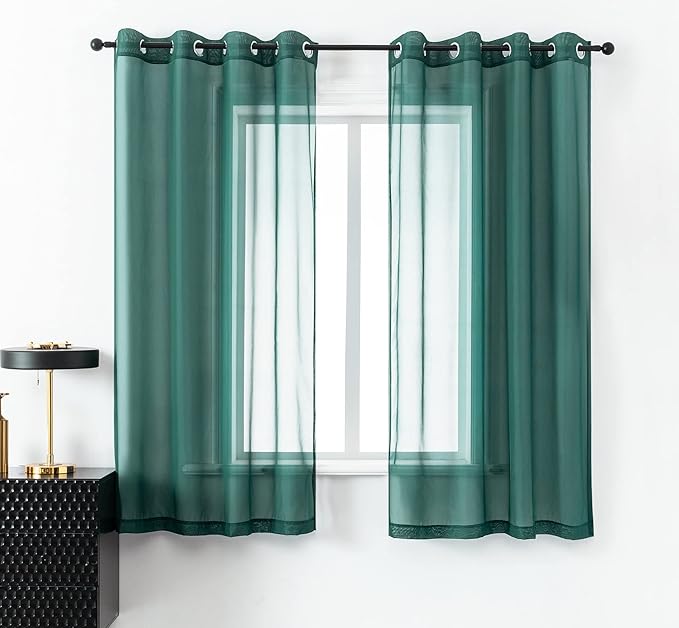 DUALIFE Hunter Green Sheer Curtains 45 Inch Length,Look Semi Sheer Curtain Drapes for Living Room Bedroom Loft Kitchen Bathroom Privacy Voile Window Treatment Panels,52 x 45 Inches,Set of 2