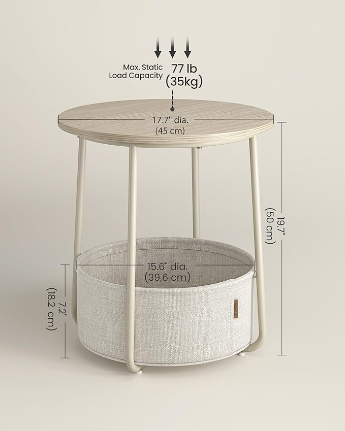 VASAGLE LILEA Collection - Small Round Side End Table, Modern Nightstand with Fabric Basket, Cream White ULET223K67
