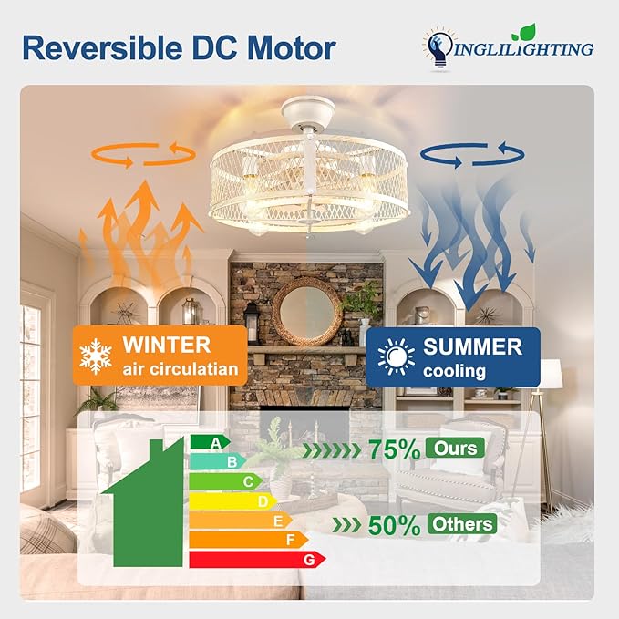DLLT Caged Ceiling Fan with Lights: 20" Farmhouse Fandelier with Light and Remote - Cement Industrial Chandelier Fan Light for Bedroom Living Dining Room Kitchen
