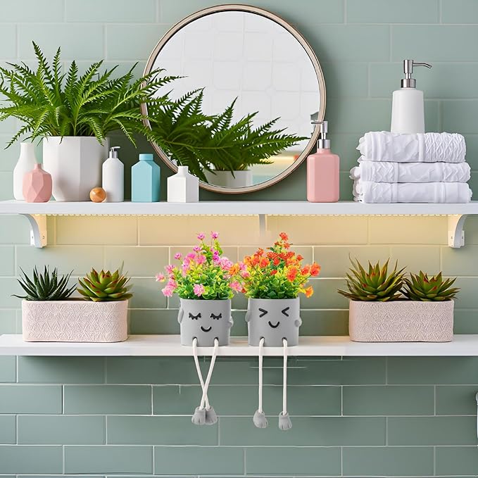 3Pack Fake Plants in Cute Pots, Indoor Faux Plants Decorations Lifelike with 60 Artificial Flowers for Office Bathroom Bedroom Living Room Kitchen Home Farmhouse Shelf Decor C