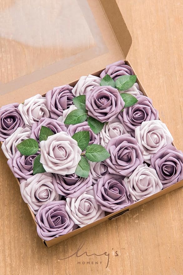 Ling's moment Artificial Flowers 50Pcs Dusty Violet Roses Decor w/Stems,3" Real Touch DIY Foam Floral for Wedding Bouquet/Centerpieces, Outdoors Party Backdrop, Room/Table, and Garden/Pot Decorations