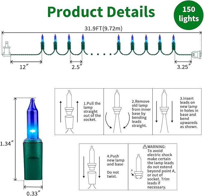 LAMPHOME Super-Bright Extendable Blue Christmas Lights Decoration 150Lights 31.9ft UL Certified Mini Bulb String Lights Set for Outdoor Christmas Tree Garden Holiday Party Patio Wedding Garland Decor