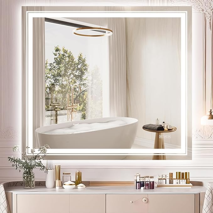 40x36 LED Mirror for Bathroom with Front and Backlit Light Up Digital Mirrors for Wall,Anti Fog,Stepless Dimmable,Tempered Silver Glass Smart Vanity Mirror for Bathroom