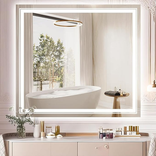 40x36 LED Mirror for Bathroom with Front and Backlit Light Up Digital Mirrors for Wall,Anti Fog,Stepless Dimmable,Tempered Silver Glass Smart Vanity Mirror for Bathroom