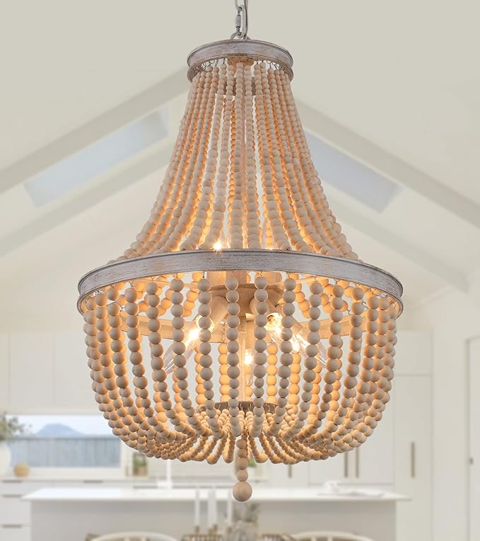 Q&S Farmhouse Wood Beaded Chandelier,Oak White 8-Lights Retro Vintage Antique Rustic Boho Pendant Light Fixture for Foyer Living Room Bedroom Kitchen Dining Room Office Nursery UL Listed