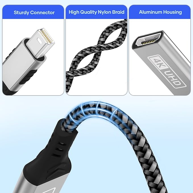 Mini DisplayPort to HDMI,4K Nylon Braided Aluminum Sleeve mini DP to HDMI Adapter Thunderbolt 1/2(miniDP) HDMI Adapter Compatible with MacBook Pro,MacBook Air,iMac,Surface Pro,XPS More