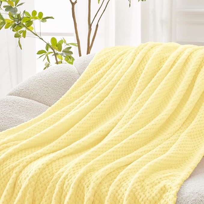 Exclusivo Mezcla Fleece Throw Blanket Extra Large, Super Soft and Warm Blankets for Couch, Sofa and Bed Waffle Textured, Cozy, Fuzzy and Lightweight (Light Yellow, 50x70 Inches)