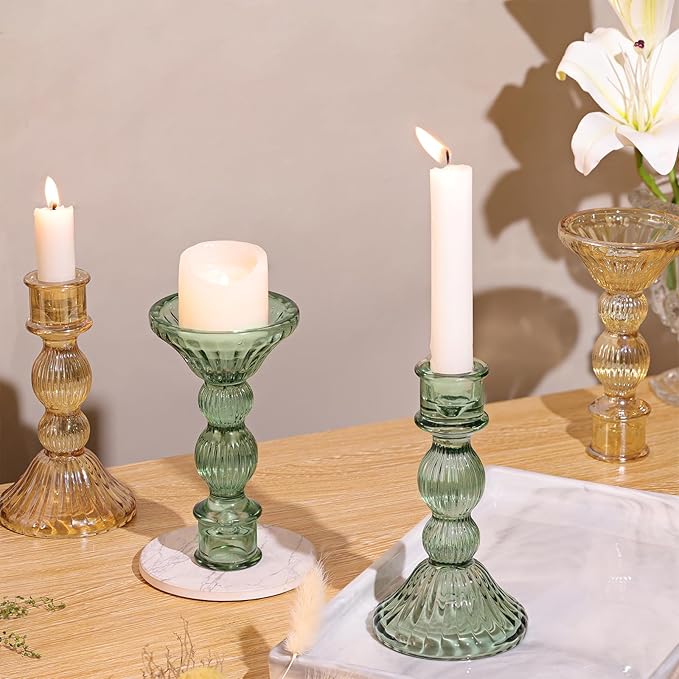 DARJEN 2 Pcs Green Candlestick Holders - Vertical Stripe Glass Candle Holders for Taper and Votive Candles, Taper Candle Holder for Home, Wedding, Decor & Table Centerpieces