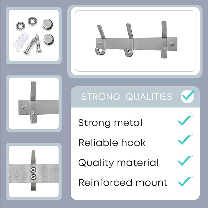 Small Coat Rack Wall Mount – Brushed Nickel 9 Inch Stainless Steel Hook Rail with 3 Heavy Duty Double Coat Hooks – Wall Mounted Coat Hanger for Entryway, Bathroom, Bedroom, Hat Organizer - 2 Pack