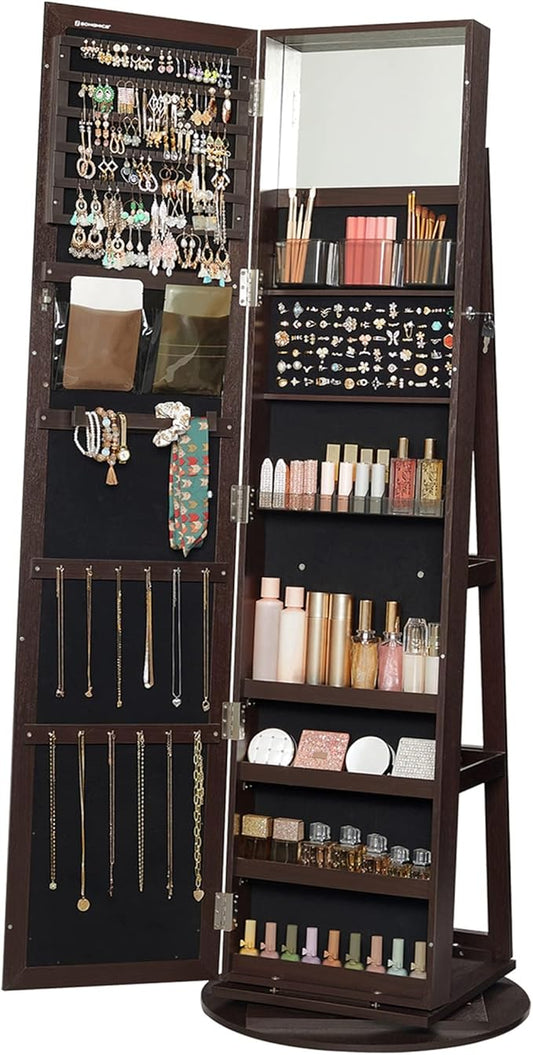 SONGMICS 360° Swivel Jewelry Cabinet, Lockable Jewelry Organizer with Full-Length Mirror, Rear Storage Shelves, Interior Mirror, Jewelry Armoire, Christmas Gifts for Women, Gift Idea, Brown UJJC006R01