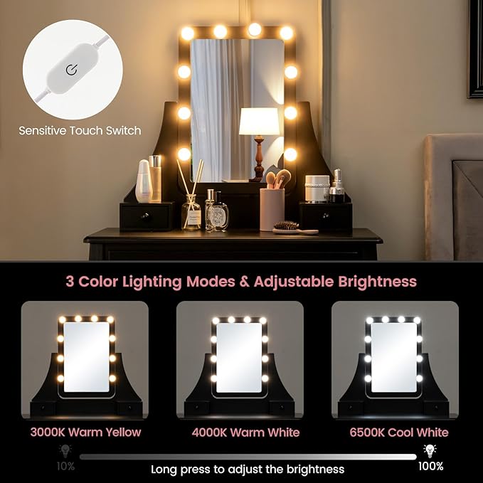 CHARMAID Vanity Set with Lighted Mirror, Makeup Table with 10 LED Dimmable Bulbs, 3 Lighting Sets, 3 Drawers, Bedroom Dressing Table Vanity Desk with Cushioned Stool for Women Girls (Black)